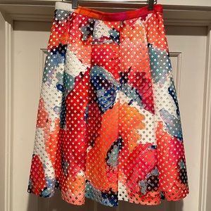 Trina Turk Floral Print Laser Cutout Pleated Knee Length Skirt
